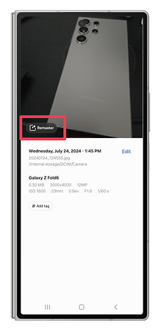 One UI screenshots showing how to use the image remaster feature.
