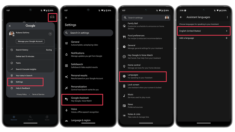 Screenshots showing how to change the Google Assistant languages