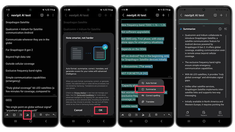 Screenshots showing the Summarize feature on the Samsung Notes app