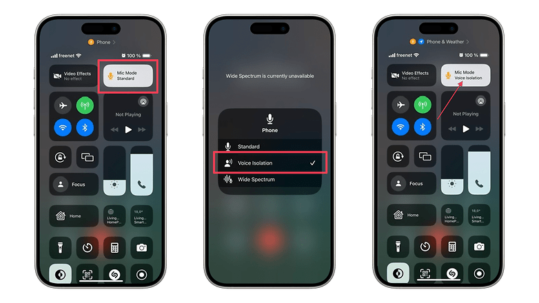 Screenshots showing how to enable Voice Isolation on iOS