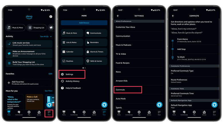 Screenshots displaying how to activate Alexa commute settings