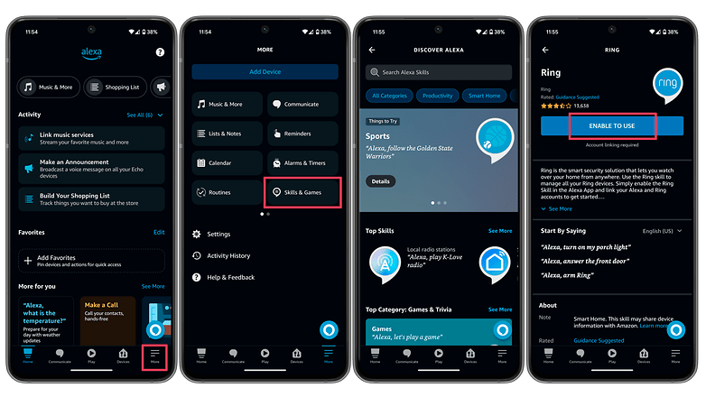 Screenshots displaying how to activate Alexa voice commands