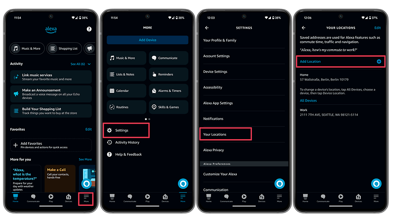 Screenshots displaying how to set Alexa default locations