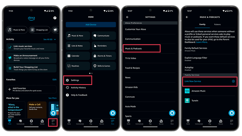 Screenshots displaying how to activate music services in Alexa