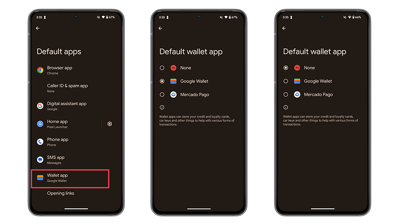Screenshots showing the new option to set a default wallet app on Android 15 beta 1.