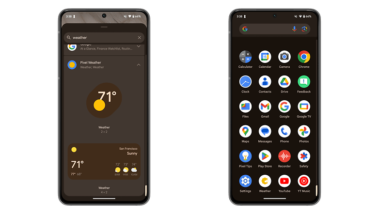 Screenshots zeigen die Wetter-App-Einstellungen unter Android 15