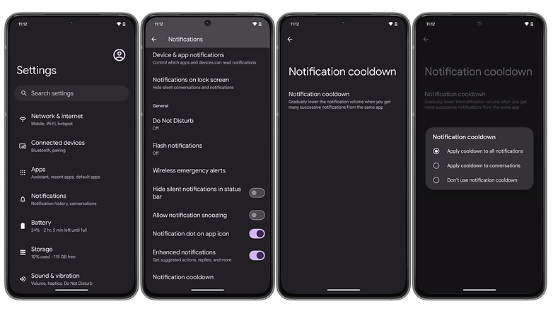 Android 15 screenshots showing the new Notification Cooldown option