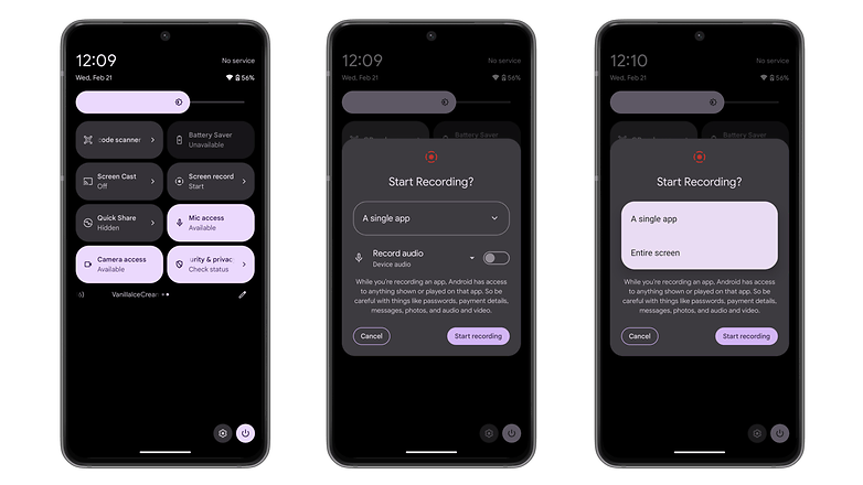 Android 15 screenshots showing the new screen recorder option for app recording