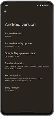 Android version screen showing Baklava, security update, system update, baseband, kernel, and build number.