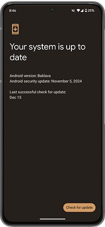 Android device screen showing system update status: up to date with Android version Baklava.