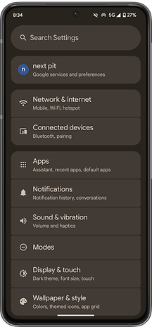 Settings menu on Android 16 developer preview, showing options like Network, Apps, and Display.