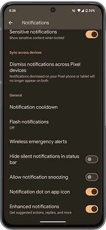 Android 16 developer preview, notifications settings with options for sensitive notifications and sync across devices.