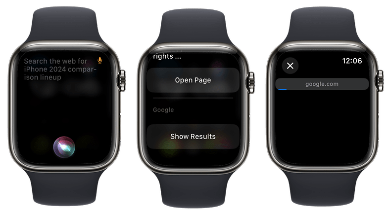 Captures d'écran montrant comment naviguer sur le web avec une Apple Watch via Siri