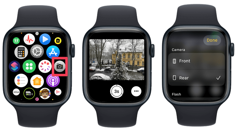 Tangkapan skrin menunjukkan cara menggunakan Apple Watch sebagai pemidang tilik dan alat kawalan jauh untuk kamera iPhone