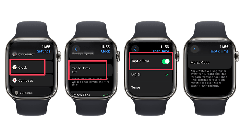 Képernyőképek, amelyek bemutatják, hogyan lehet aktiválni a taptic time bejelentéseket az Apple Watchon
