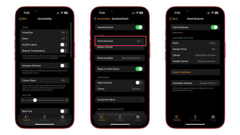 Captures d'écran montrant comment activer les commandes gestuelles de votre Apple Watch depuis votre iPhone