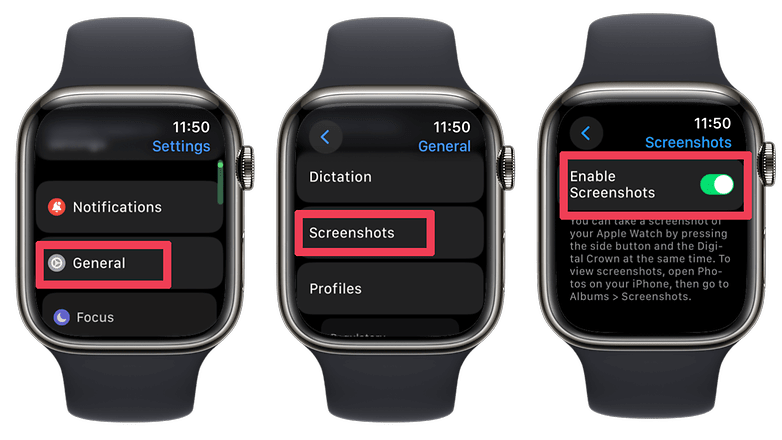 Képernyőképek, amelyek bemutatják, hogyan engedélyezheti a képernyőképeket az Apple Watchon