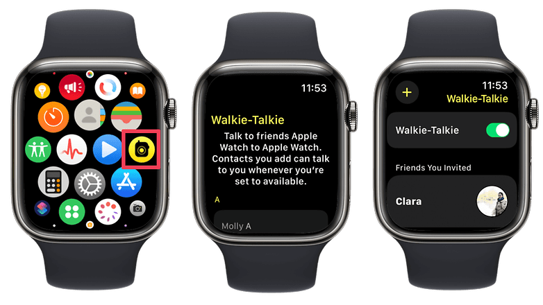 Képernyőképek, amelyek bemutatják, hogyan kell használni a Walkie-talkie opciót két Apple Watch között