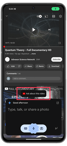 Integrace YouTube v Asistentovi Gemini.