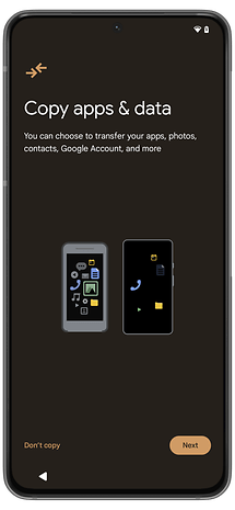 Options to copy apps and data to a new phone.