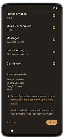 Options to copy apps and data to a new phone.