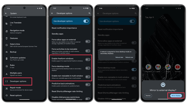Screenshots showing how to activate the Android Desktop mode in the Developer options