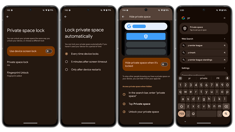 Screenshots zeigen das Einrichten des Private Space unter Android 15