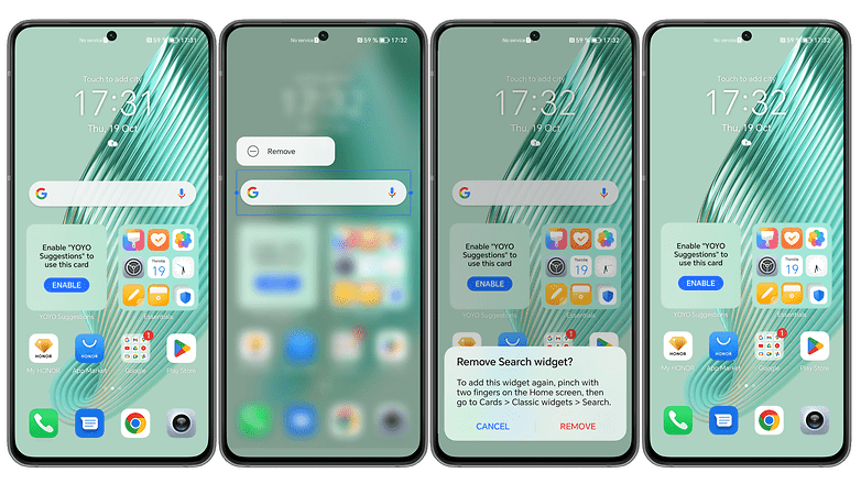 Screenshots zeigen, wie man die Google Suchleiste unter EMUI und MagicOS entfernt
