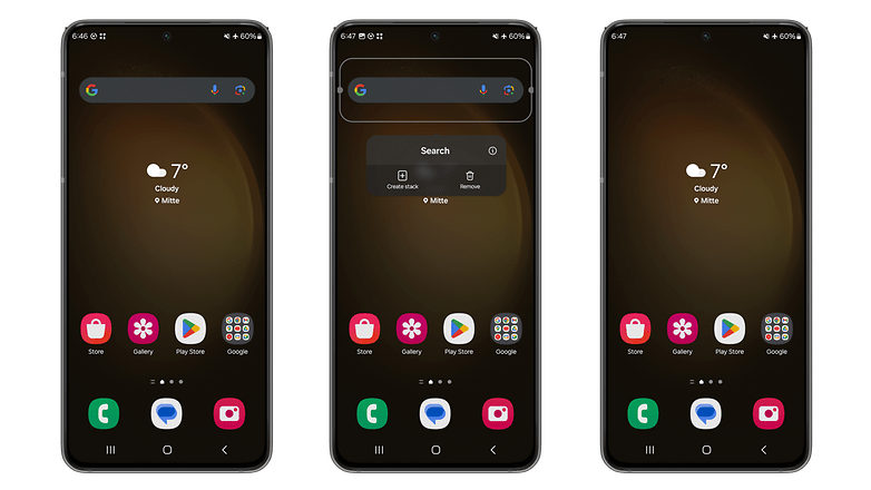 Screenshots zeigen, wie man die Google Suchleiste unter One UI 6 entfernt
