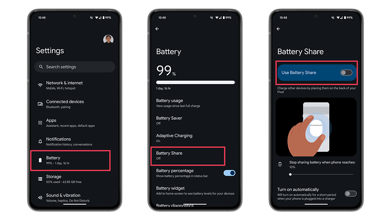Screenshots showing how to enable Battery Share on Pixel phones