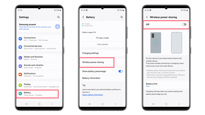Screenshots showing how to enable Wireless Power Share on Galaxy phones