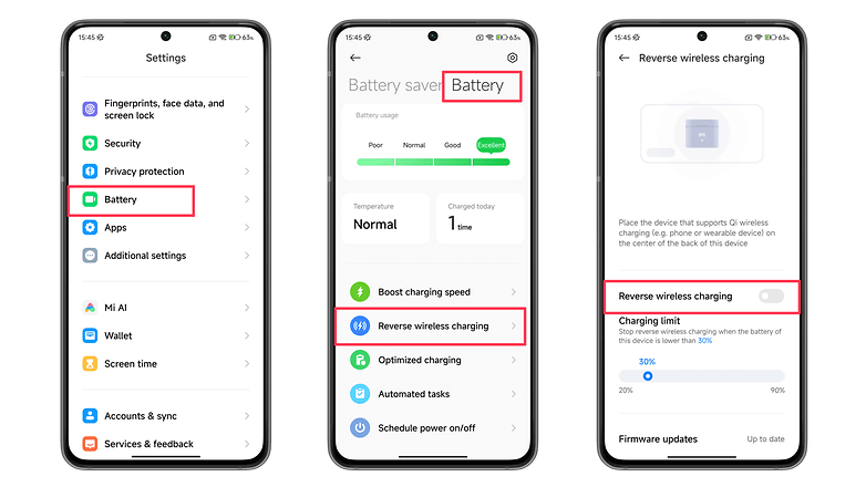 Screenshots showing how to enable reverse wireless charging on Xiaomi phones