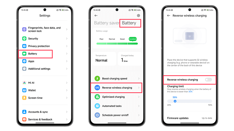 Captures d'écran pour activer la recharge sans-fil inversée sur un smartphone Xiaomi