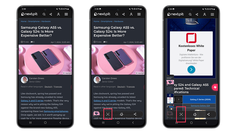 Screenshots showing how to take a scrolling screenshot on Samsung's One UI