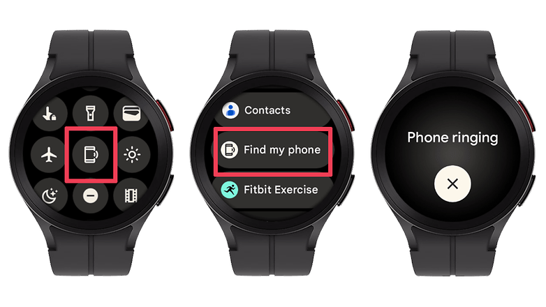 Screenshots zeigen das Find-my-phone-Feature auf einer Uhr mit Wear OS