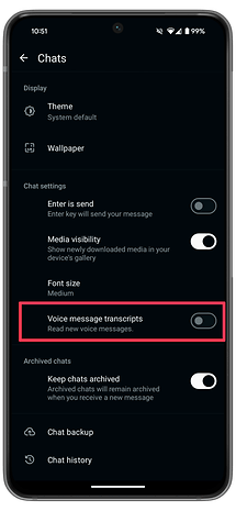 WhatsApp settings screen displaying voice message transcripts option.