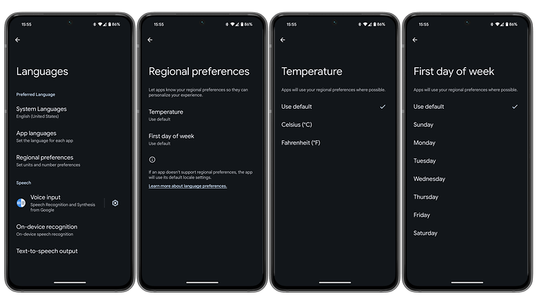 Android 14 screenshots showing granular regional settings for temperature unit