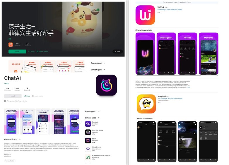 Captures d'écran et détails de l'application pour ChatAi et WeTink, avec avertissements de malware.
