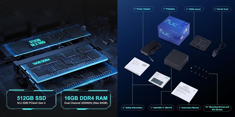 Image promotionnelle du NUC 11 d'Intel montrant les options d'extension de la mémoire et le contenu de l'emballage