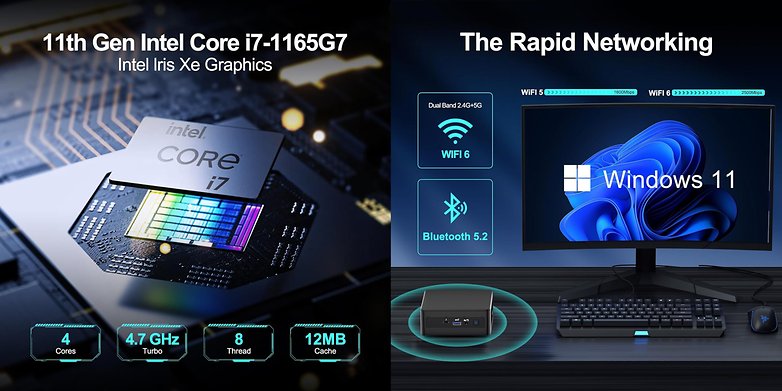 Promotional Intel NUC 11 images showing the CPU and wireless specifications