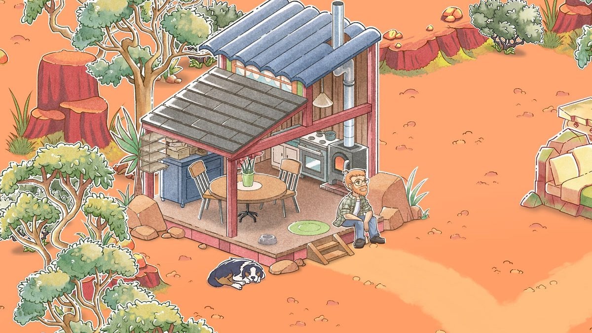 Une maison en bois confortable avec une cheminée dans un paysage désertique, un homme assis dehors et un chien à proximité.