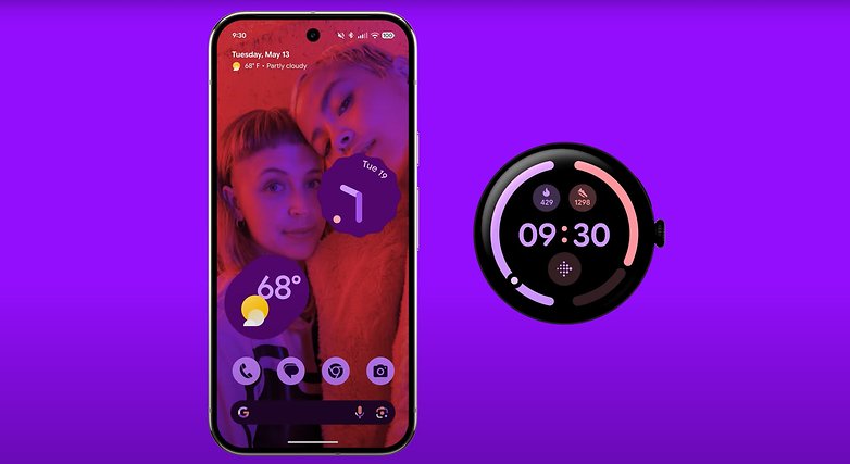 Um smartphone exibindo um widget de clima e um smartwatch WearOS em um fundo roxo. Um smartphone exibindo um widget de clima e um smartwatch WearOS em um fundo roxo.