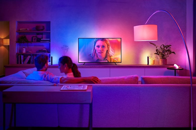 Philips Hue can be used to add ambiance effects for video content, just like the Philips TV’s Ambilight (both companies are now unrelated and are both licensees to the Dutch brand) Gradient Lighstrips from Philips Hue in use