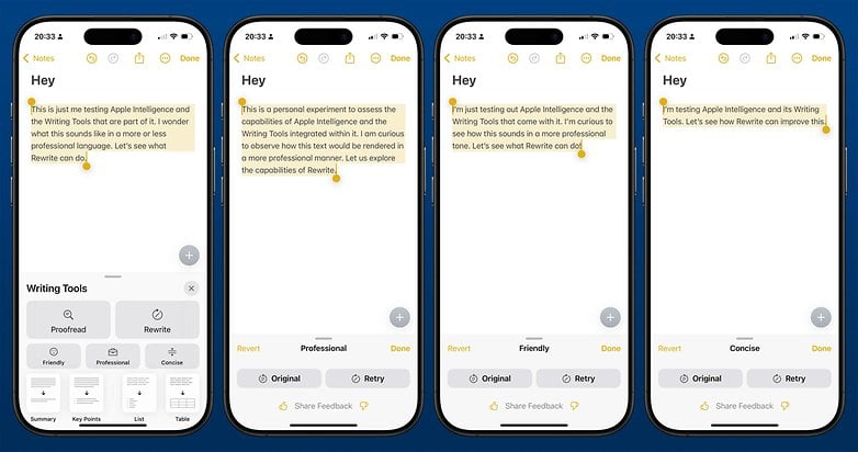 Screenshots der Writing Tool unter iOS 18.1