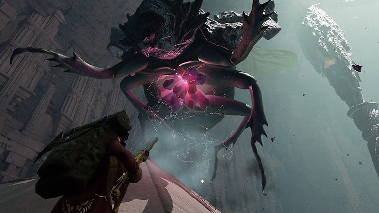 A character aiming a gun at a large, menacing creature in a dark, ancient environment.