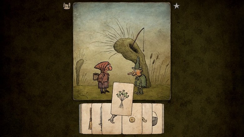 A screenshot from Pilgrims game showing two characters near a tree with a fishing hook and cards below.
