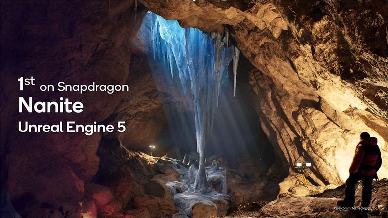 A cave with an ice formation and a person standing, featuring text: '1st on Snapdragon Nanite Unreal Engine 5'.