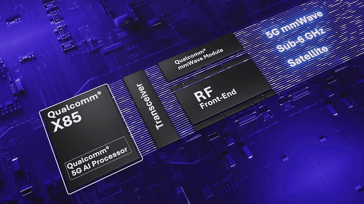 Qualcomm Snapdragon X85 modem components with labels: Transceiver, RF Front-End, 5G mmWave, Sub-6 GHz, Satellite.