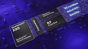 Komponenten des Qualcomm Snapdragon X85 Modems mit Beschriftungen: Transceiver, RF Front-End, 5G mmWave, Sub-6 GHz, Satellit.