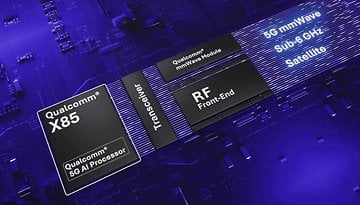 Componentes do modem Qualcomm Snapdragon X85 com rótulos: Transmissor, RF Front-End, 5G mmWave, Sub-6 GHz, Satélite.